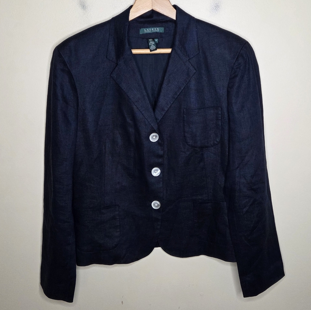 Lauren Ralph Lauren Dark Navy Linen 3 Button Blazer Womens Size 16